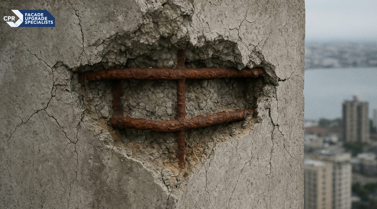 Technician performing concrete spalling repair on high-rise façade